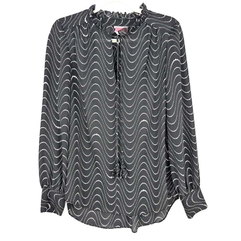 Kate Spade Black Ruffle Neck Polka Dot Wave Chiffon Blouse Small Parisian Chic‎